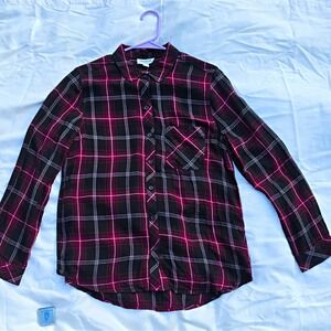 beachlunchlounge Men's Woven Rayon Plaid LS Button-Up Pockets M Black/Pink #242
